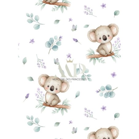 Tissu “Koala Lavande” – motif koala aquarelle – Certifié Oeko-Tex®