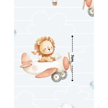 Tissu “Lionceau dans les airs” – motif lion avion aquarelle – Certifié Oeko-Tex®