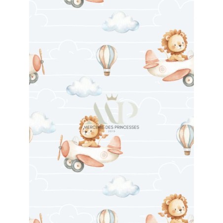 Tissu “Lionceau dans les airs” – motif lion avion aquarelle – Certifié Oeko-Tex®
