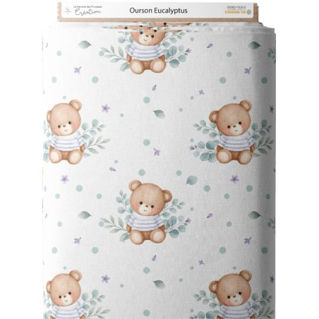 Tissu “Ourson Eucalyptus” – motif bébé aquarelle – Certifié Oeko-Tex®
