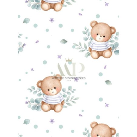 Tissu “Ourson Eucalyptus” – motif bébé aquarelle – Certifié Oeko-Tex®