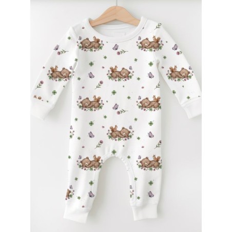 Tissu “Ourson Vintage” – motif ourson, écureuil et trèfles aquarelle – Certifié Oeko-Tex®