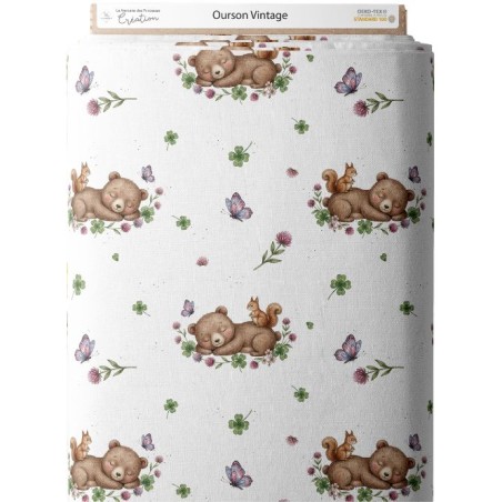 Tissu “Ourson Vintage” – motif ourson, écureuil et trèfles aquarelle – Certifié Oeko-Tex®