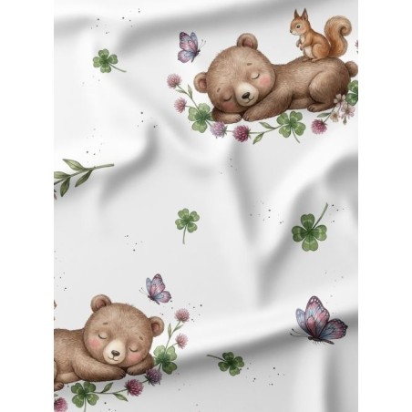 Tissu “Ourson Vintage” – motif ourson, écureuil et trèfles aquarelle – Certifié Oeko-Tex®