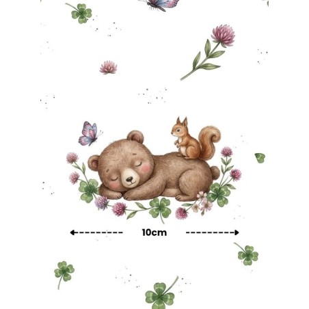 Tissu “Ourson Vintage” – motif ourson, écureuil et trèfles aquarelle – Certifié Oeko-Tex®
