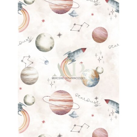 Tissu “Stardust” Beige– motif espace aquarelle – Certifié Oeko-Tex®