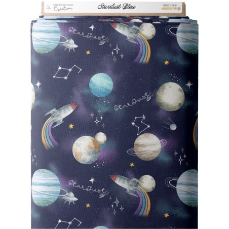 Tissu “Stardust” Bleu– motif espace aquarelle – Certifié Oeko-Tex®