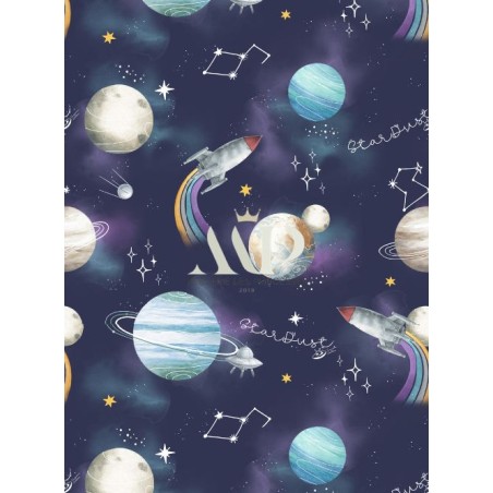 Tissu “Stardust” Bleu– motif espace aquarelle – Certifié Oeko-Tex®
