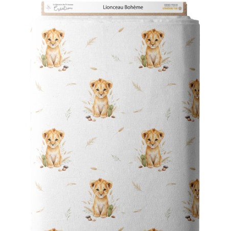 Tissu “Lionceau Boheme" – motif savane aquarelle – Certifié Oeko-Tex®