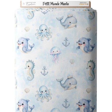 Tissu "Petit Monde Marin" – motif océan aquarelle – Certifié Oeko-Tex®