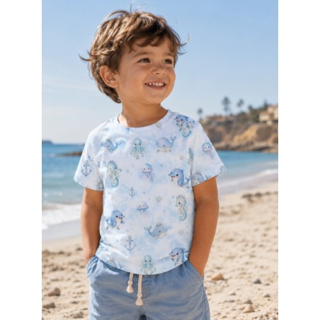 Tissu "Petit Monde Marin" – motif océan aquarelle – Certifié Oeko-Tex®
