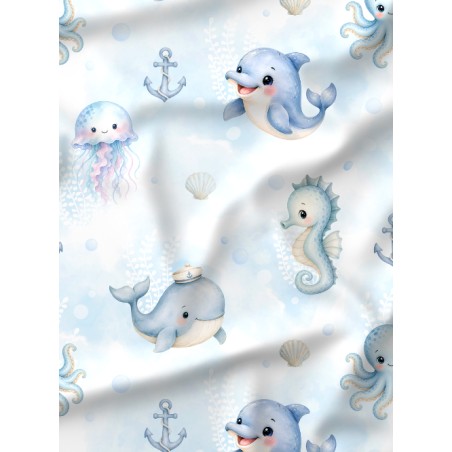 Tissu "Petit Monde Marin" – motif océan aquarelle – Certifié Oeko-Tex®