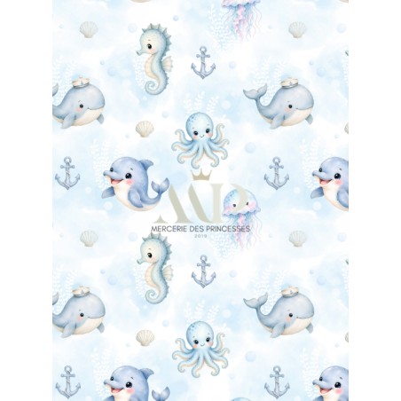 Tissu "Petit Monde Marin" – motif océan aquarelle – Certifié Oeko-Tex®