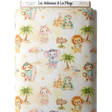 Tissu "Les Animaux A La Plage" – motif vacances tropicales aquarelle – Certifié Oeko-Tex®