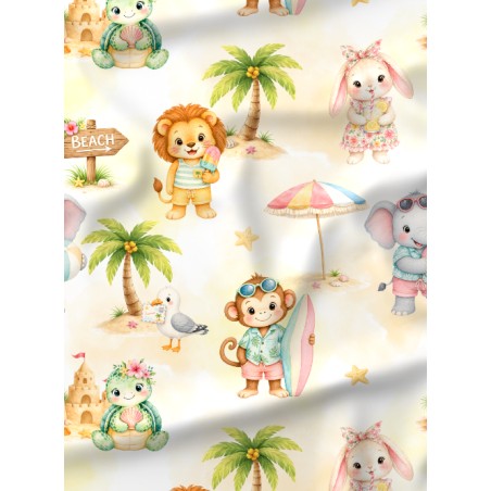 Tissu "Les Animaux A La Plage" – motif vacances tropicales aquarelle – Certifié Oeko-Tex®