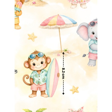 Tissu "Les Animaux A La Plage" – motif vacances tropicales aquarelle – Certifié Oeko-Tex®