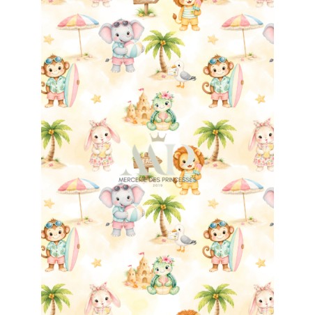 Tissu "Les Animaux A La Plage" – motif vacances tropicales aquarelle – Certifié Oeko-Tex®