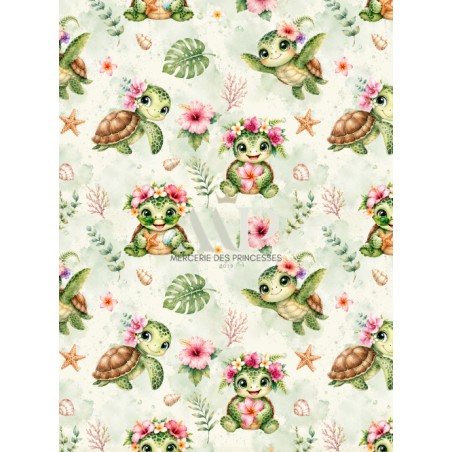 Tissu "Tortue Tropicale" – motif marin aquarelle – Certifié Oeko-Tex®