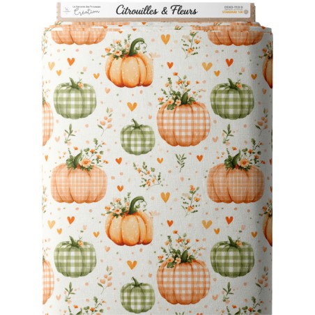 Tissu "Citrouilles Et Fleurs" – motif automnale aquarelle – Certifié Oeko-Tex®