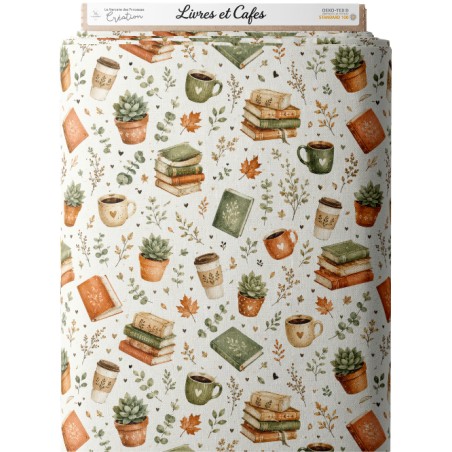Tissu "Livres et Cafés" – motif lecture aquarelle – Certifié Oeko-Tex®