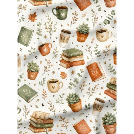 Tissu "Livres et Cafés" – motif lecture aquarelle – Certifié Oeko-Tex®