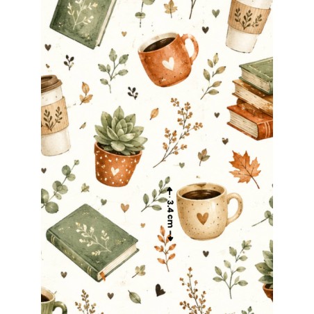 Tissu "Livres et Cafés" – motif lecture aquarelle – Certifié Oeko-Tex®