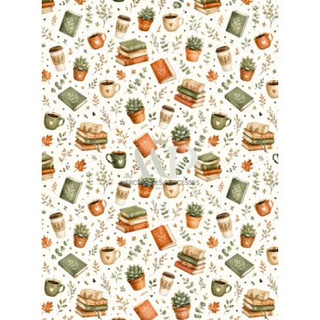 Tissu "Livres et Cafés" – motif lecture aquarelle – Certifié Oeko-Tex®