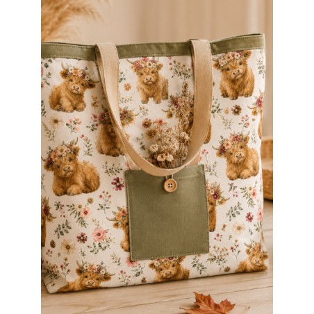 Tissu " Vaches Highlands " – motif fleuri aquarelle – Certifié Oeko-Tex®