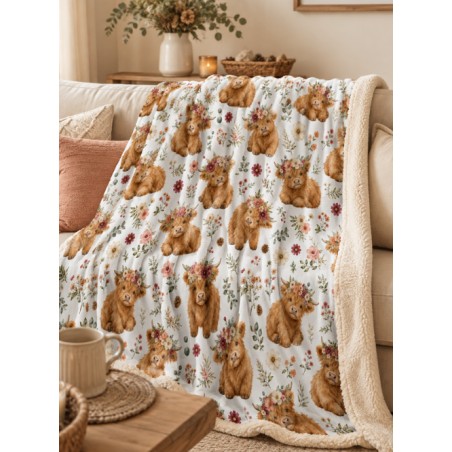 Tissu " Vaches Highlands " – motif fleuri aquarelle – Certifié Oeko-Tex®