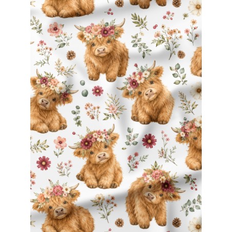 Tissu " Vaches Highlands " – motif fleuri aquarelle – Certifié Oeko-Tex®