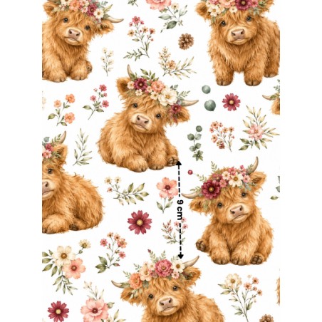 Tissu " Vaches Highlands " – motif fleuri aquarelle – Certifié Oeko-Tex®