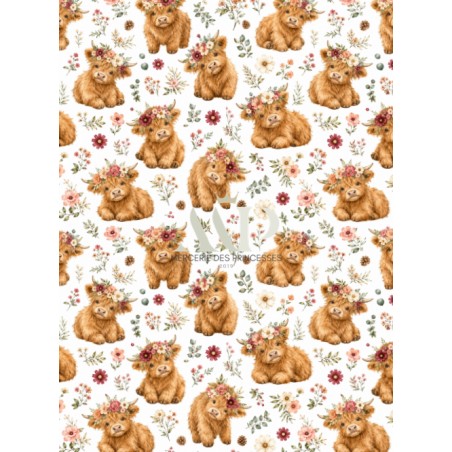Tissu " Vaches Highlands " – motif fleuri aquarelle – Certifié Oeko-Tex®