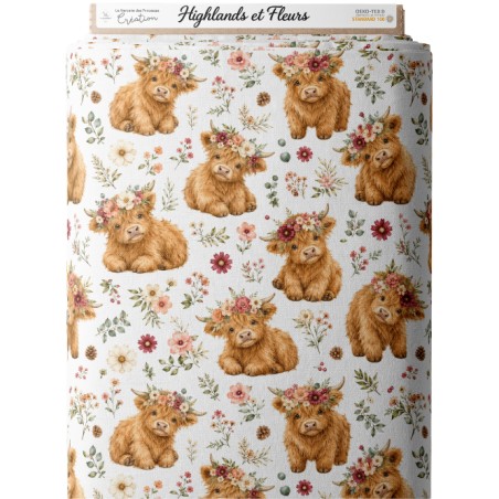 Tissu " Vaches Highlands " – motif fleuri aquarelle – Certifié Oeko-Tex®