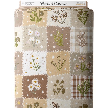 Tissu coton imprimé Fleurs & Carreaux Marron - Certifié Oeko-Tex®