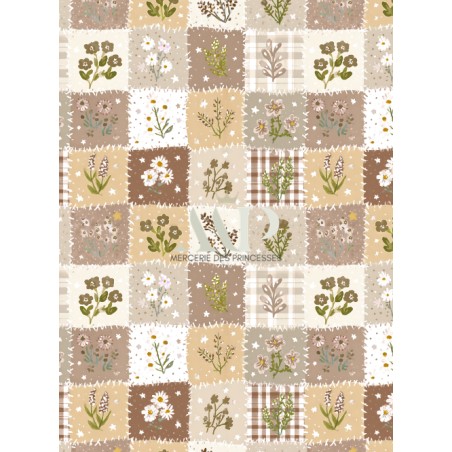 Tissu coton imprimé Fleurs & Carreaux Marron - Certifié Oeko-Tex®
