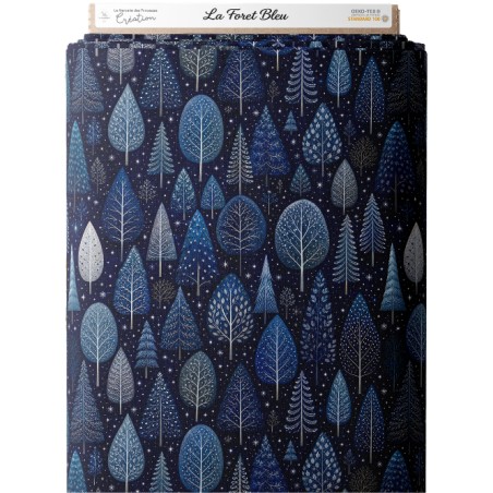 Tissu « La Forêt Bleue » – Motif hivernal féerique et étoilé – Certifié Oeko-Tex®