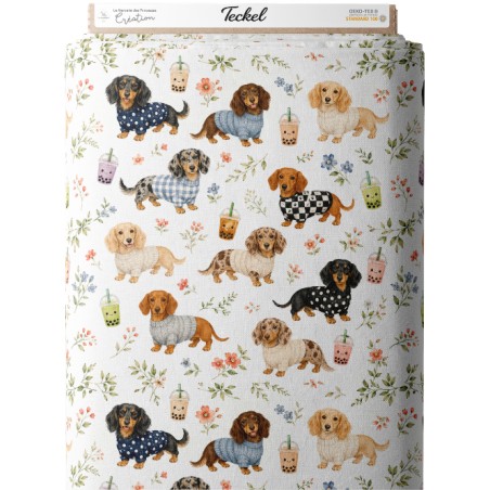 Tissu « Teckel » – Motif petits chiens, fleurs et aquarelle – Certifié Oeko-Tex®