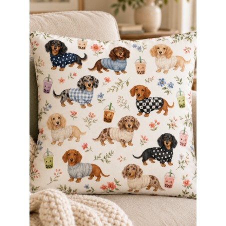 Tissu « Teckel » – Motif petits chiens, fleurs et aquarelle – Certifié Oeko-Tex®