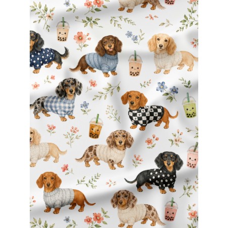 Tissu « Teckel » – Motif petits chiens, fleurs et aquarelle – Certifié Oeko-Tex®