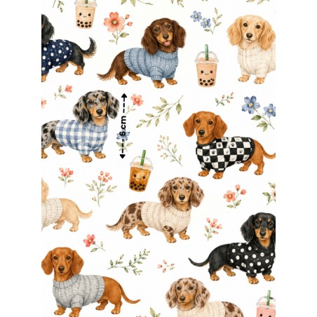 Tissu « Teckel » – Motif petits chiens, fleurs et aquarelle – Certifié Oeko-Tex®