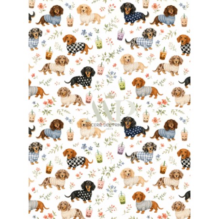 Tissu « Teckel » – Motif petits chiens, fleurs et aquarelle – Certifié Oeko-Tex®