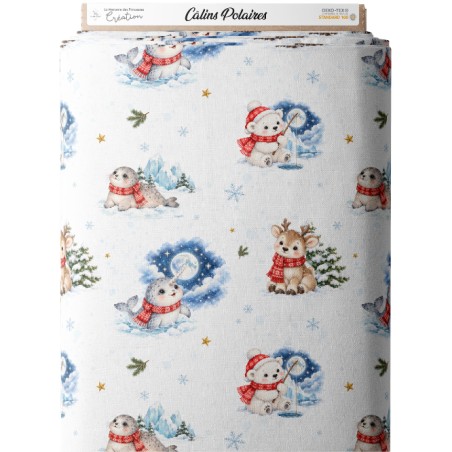 Tissu « Câlins Polaires » – Adorables Animaux de l’Hiver aux Douces Couleurs Bleutées – Certifié Oeko-Tex®