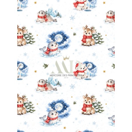 Tissu « Câlins Polaires » – Adorables Animaux de l’Hiver aux Douces Couleurs Bleutées – Certifié Oeko-Tex®