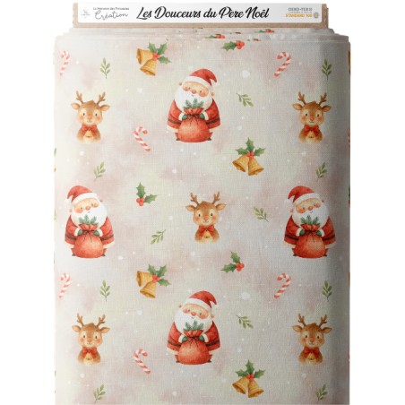Tissu « Les Douceurs du Père Noël » – Adorables Pères Noël et Petits Rennes en Aquarelle – Certifié Oeko-Tex®
