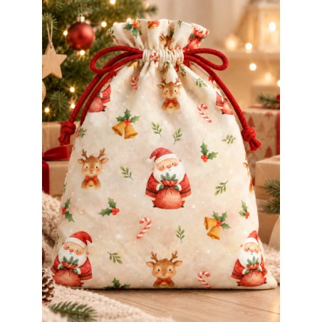 Tissu « Les Douceurs du Père Noël » – Adorables Pères Noël et Petits Rennes en Aquarelle – Certifié Oeko-Tex®