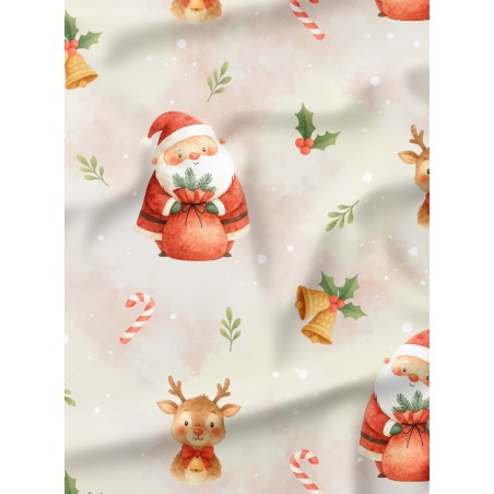 Tissu « Les Douceurs du Père Noël » – Adorables Pères Noël et Petits Rennes en Aquarelle – Certifié Oeko-Tex®