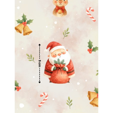 Tissu « Les Douceurs du Père Noël » – Adorables Pères Noël et Petits Rennes en Aquarelle – Certifié Oeko-Tex®
