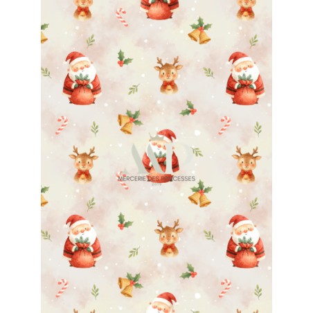 Tissu « Les Douceurs du Père Noël » – Adorables Pères Noël et Petits Rennes en Aquarelle – Certifié Oeko-Tex®