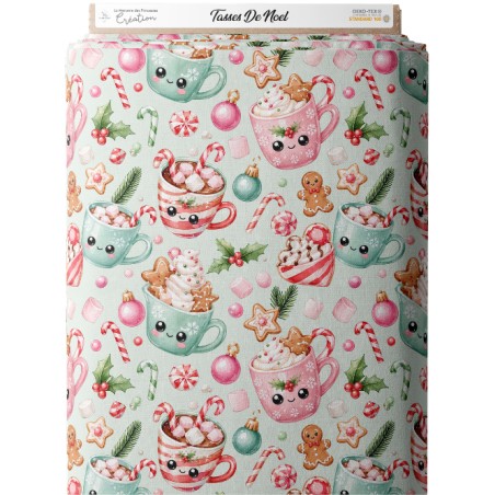 Tissu « Tasses de Noël » – Chocolats Chauds, Sucreries et Gourmandises de Noël en Aquarelle – Certifié Oeko-Tex®