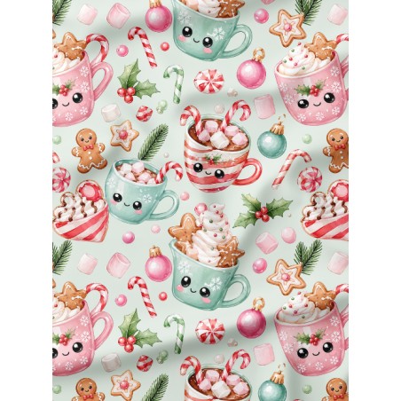 Tissu « Tasses de Noël » – Chocolats Chauds, Sucreries et Gourmandises de Noël en Aquarelle – Certifié Oeko-Tex®